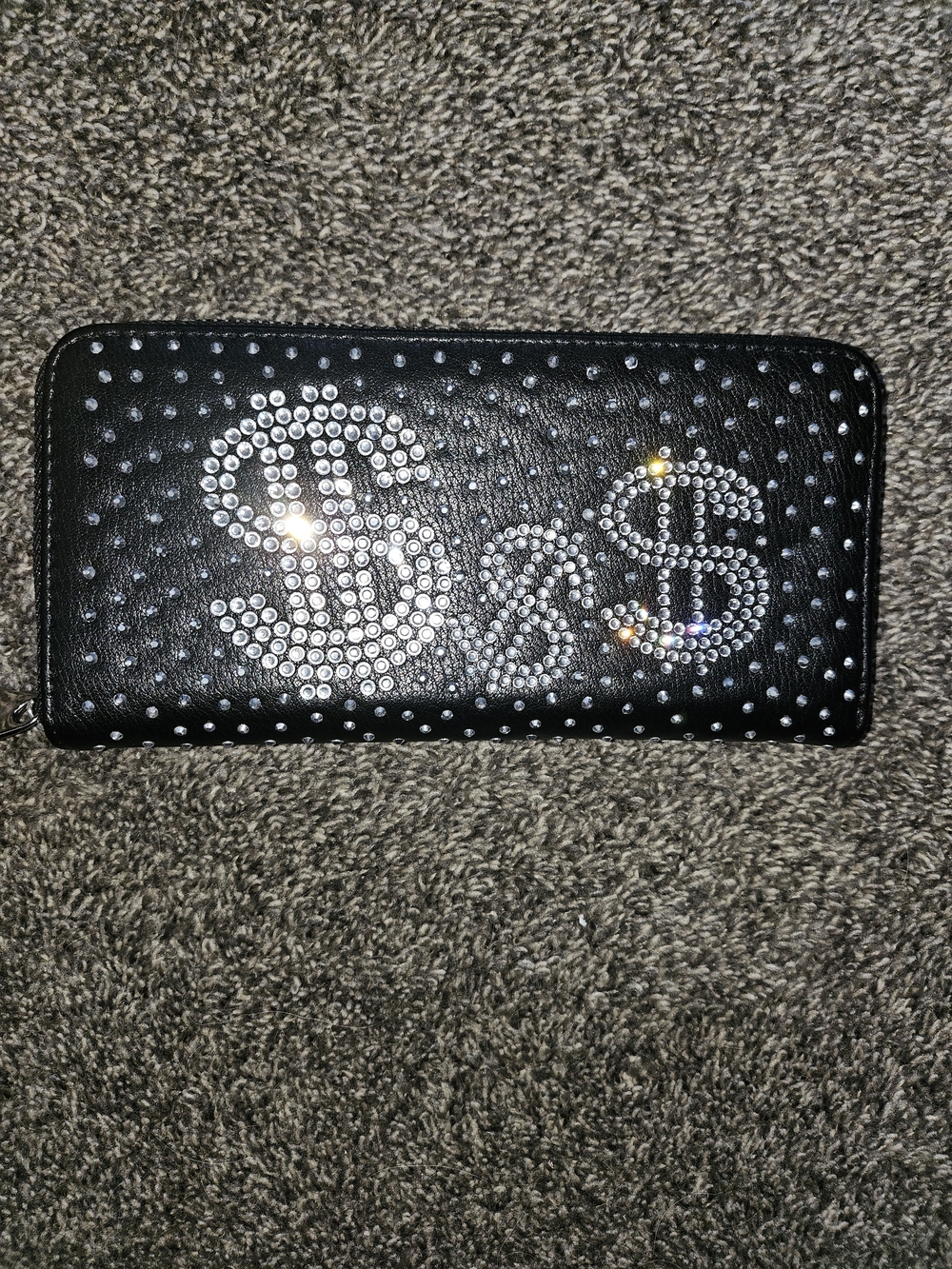 Womens Black Rhinestone Dollar-Sign Zip Wallet